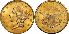 1857-S Liberty Head Double Eagle. Variety-20A. Spiked Shield. Gold S.S. Central America Label. MS-64 (PCGS). CAC.
Delightful frosty surfaces are full...