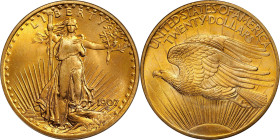 1907 Saint-Gaudens Double Eagle. Arabic Numerals. MS-66 (PCGS).
Lovely mint frost blends with vivid orange-apricot color on both sides of this gorgeo...