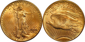 1910-D Saint-Gaudens Double Eagle. MS-66 (PCGS).
This delightful example exhibits vivid golden-apricot color to smooth, highly lustrous surfaces. Whi...