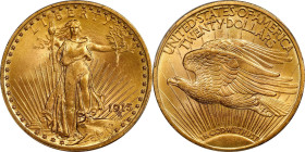 1915 Saint-Gaudens Double Eagle. MS-65+ (PCGS).
A sharp and inviting piece with satiny golden-apricot surfaces. This conditionally rare premium Gem c...