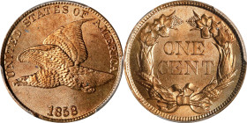 1858 Flying Eagle Cent. Large Letters, High Leaves (Style of 1857), Type I. MS-65 (PCGS). CAC.
This is a bright, lustrous and satiny Gem with excepti...