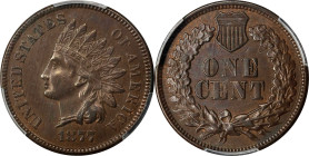 1877 Indian Cent. AU-58 (PCGS).
A highly desirable collector grade for this fabled key date Indian cent issue. Both sides are sharply to fully define...