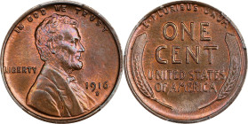 1916-D Lincoln Cent. MS-66 BN (PCGS).
A satiny Gem with vivid underlying mint color in pinkish-apricot to otherwise warmly toned, olive-brown surface...