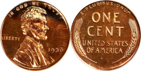 1936 Lincoln Cent. Brilliant Proof-66 RD (PCGS).
Otherwise dusky pinkish-orange surfaces exhibit a blush of blush of varied color at the upper obvers...