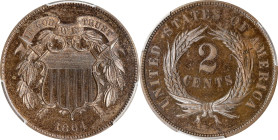 1864 Two-Cent Piece. Large Motto. Proof-64 RB (PCGS). CAC.
This reflective two-cent piece has razor sharp striking detail and delightful deep tobacco...