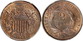 1864 Two-Cent Piece. Large Motto. MS-66+ RB (PCGS). CAC.
Glowing rose-orange mint color mingles with gently mottled toning in warm steel-brown. The t...