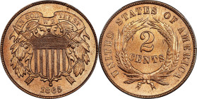1865 Two-Cent Piece. Fancy 5. MS-66+ RD (PCGS). CAC.
Exquisite pinkish-orange surfaces retain full, vivid mint color to satiny mint luster. Impressiv...