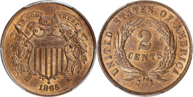 1865 Two-Cent Piece. Fancy 5. MS-66+ RB (PCGS). CAC.
A striking second high grade Mint State example of this popular type issue from the early two-ce...