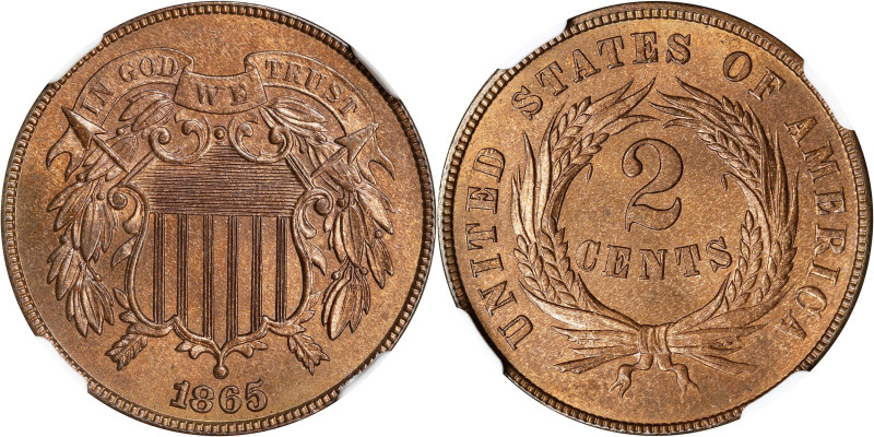 1865 Two-Cent Piece. VP-011. Plain 5. Repunched Date, 18/18. MS-66 RB (NGC).
Ch...