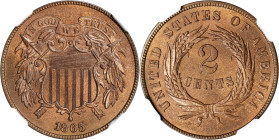 1865 Two-Cent Piece. VP-011. Plain 5. Repunched Date, 18/18. MS-66 RB (NGC).
Charming Gem-quality surfaces exhibit iridescent rose-brown toning to wa...