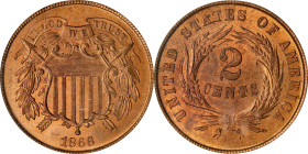 1866 Two-Cent Piece. MS-65 RD (PCGS). OGH.
This is a frosty reddish-rose and autumn-orange Gem with sharp striking detail and impressively smooth sur...