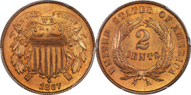 1867 Two-Cent Piece. MS-65 RD (PCGS).
A lovely Gem that is sure to have no difficulty finding is way into an advanced type set. Satiny in texture wit...