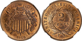 1868 Two-Cent Piece. VP-001. Repunched Date, 1868/186. MS-66 RB (NGC).
Much original color remains, the otherwise vivid medium orange surfaces overla...