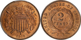 1868 Two-Cent Piece. MS-65+ RB (PCGS). CAC.
A vivid and visually stunning premium Gem. Both sides sport beautiful mint color in a blend of golden-ora...