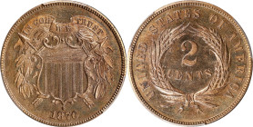1870 Two-Cent Piece. Proof-66+ RB (PCGS). CAC.
Gorgeous semi-reflective surfaces exhibit minimal iridescent toning to otherwise full bright orange mi...