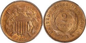 1871 Two-Cent Piece. MS-65 RB (PCGS). CAC.
Sharply struck with pretty reddish-rose highlights to dominant deep orange mint color. The penultimate cir...