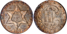 1869/'8' Silver Three-Cent Piece. Breen-2960. Proof-62 (PCGS).
Pretty powder blue and champagne-apricot iridescence that appears to drift toward the ...