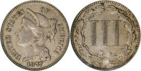 1877 Nickel Three-Cent Piece. Proof-45 (PCGS).
A particularly intriguing survivor of this popular Proof-only issue, which is the rarest date in the n...