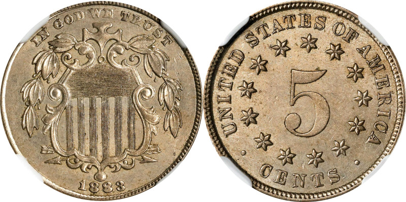 1883/1882 Shield Nickel. FS-301. MS-62 (NGC).
A tinge of olive-gold iridescence...
