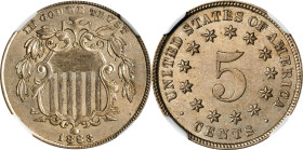 1883/1882 Shield Nickel. FS-301. MS-62 (NGC).
A tinge of olive-gold iridescence blends with satiny mint luster on both sides of this sharp and lustro...