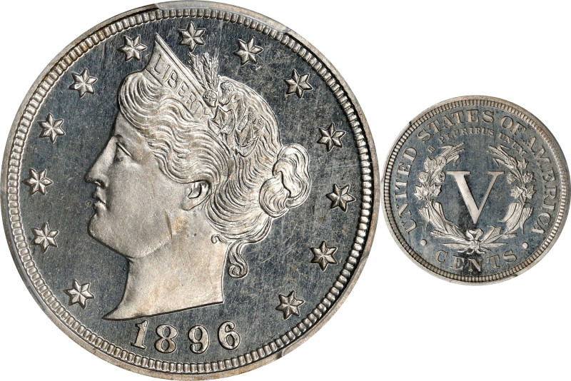 1896 Liberty Head Nickel. Proof-66 Cameo (PCGS).
This Gem offers a rare coalesc...