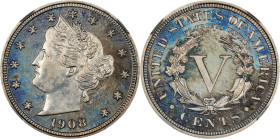 1908 Liberty Head Nickel. Proof-67+ (NGC). CAC.
Dusted with smoky silver, gold and powder blue iridescence, this lovely Superb Gem reveals captivatin...