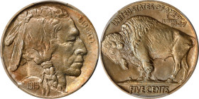 1915 Buffalo Nickel. Proof-65 (PCGS).
Pale powder blue and champagne-pink iridescence mingles with dominant toning in soft golden-gray. The strike is...