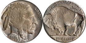 1918-S Buffalo Nickel. MS-64 (PCGS).
This softly patinated example is dressed in intermingled dusky apricot and antique silver. The strike is typical...