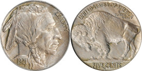 1921-S Buffalo Nickel. MS-64 (PCGS).
Blushes of pale olive iridescence mingle with dominant light pewter-gray patina. The surfaces are softly frosted...