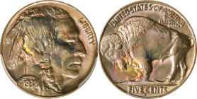 1938-D Buffalo Nickel. MS-67+ (PCGS).
Exceptionally vivid and varied iridescent toning to both sides delivers outstanding eye appeal for a Buffalo ni...
