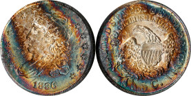 1836 Capped Bust Half Dime. LM-3, FS-301. Rarity-1. 3/Inverted 3, Large 5 C. MS-62 (NGC). OH.
Arcing swaths of vivid multicolored toning leave off-ce...