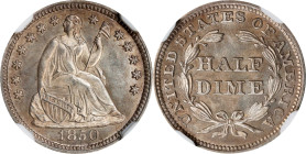 1850 Liberty Seated Half Dime. MS-66 (NGC). CAC.
Dazzling semi-prooflike surfaces are appreciably reflective in the fields, frosty in texture over th...