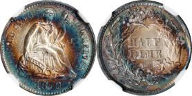 1870 Liberty Seated Half Dime. MS-66+ * (NGC).
Crescents of vivid cobalt blue and reddish-apricot iridescence sweep over both sides and undoubtedly e...