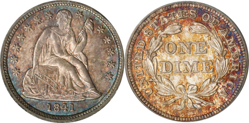 1841 Liberty Seated Dime. Fortin-104. Rarity-3. Repunched Date. MS-65 (PCGS). CA...