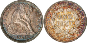1841 Liberty Seated Dime. Fortin-104. Rarity-3. Repunched Date. MS-65 (PCGS). CAC. OGH.
A handsome, richly original example bathed in a bold blend of...