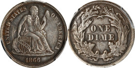 1866 Liberty Seated Dime. Fortin-102b. Rarity-6. EF Details--Scratch (PCGS).
Contrary to contemporary expectation, the end of the Civil War in 1865 d...