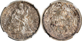 1873-S Liberty Seated Dime. Arrows. Fortin-101. Rarity-4. Small Thin S. MS-64 (NGC).
Iridescent champagne-olive highlights drift across both sides of...
