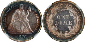 1876 Liberty Seated Dime. Proof-66 Cameo (NGC).
Boldly toned in rich cobalt blue and reddish-gold peripheral iridescence, this captivating Gem also s...