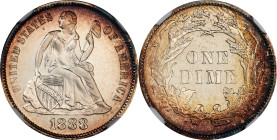 1888 Liberty Seated Dime. Proof-67+ (NGC).
Ringed in partial crescents of warm rose-apricot and powder blue peripheral iridescence, this otherwise br...