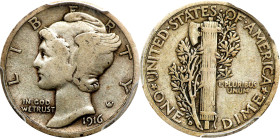1916-D Mercury Dime. Fine-12 (PCGS). CAC.
Fully original pewter-gray surfaces with some deeper toning in the recessed around and among the design ele...