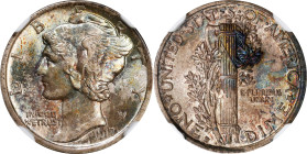 1917-D Mercury Dime. MS-65 FB (NGC).
A mottled patina of champagne-pink, midnight blue and olive-gold blankets both sides, with a splash of particula...
