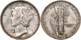 1921 Mercury Dime. MS-65+ FB (PCGS).
Lovely Gem Mint State quality for this key date Mercury dime issue, both sides are peripherally toned in pale ir...