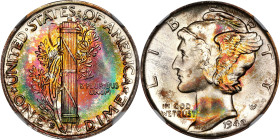 1942-S Mercury Dime. MS-68 * FB (NGC).
NGC has mounted this coin with the reverse up in the holder, obviously to showcase the outstanding multicolore...