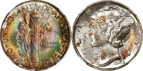 1942-S Mercury Dime. MS-68 * FB (NGC).
NGC has mounted this coin with the reverse up in the holder, obviously to showcase the outstanding multicolore...