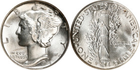 1944-S Mercury Dime. MS-68 FB (NGC).
This is an impressive Ultra Gem displaying essentially perfect surfaces. It remains essentially untoned and bril...