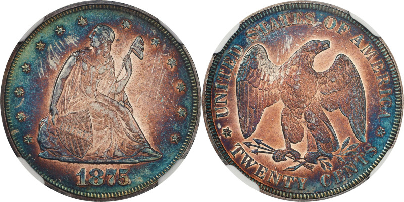 1875 Twenty-Cent Piece. Proof-63 (NGC).
This richly toned specimen exhibits bol...