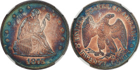 1875 Twenty-Cent Piece. Proof-63 (NGC).
This richly toned specimen exhibits bold midnight-blue peripheral highlights that blend with dominant copper-...