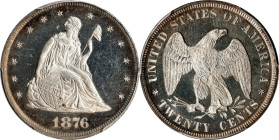 1876 Twenty-Cent Piece. Proof-64+ Cameo (PCGS).
Fully struck and boldly cameoed in finish, this otherwise silver-tinged beauty exhibit halos of vivid...