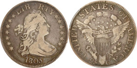 1805 Draped Bust Quarter. B-3. Rarity-2. Fine-15 (PCGS). CAC.
Boldly, evenly and originally toned, this smooth and inviting Choice Fine example is th...