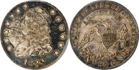 1822 Capped Bust Quarter. B-1. Rarity-2. EF-40 (PCGS).
Deep, rich, somewhat mottled charcoal peripheral toning is more extensive on the obverse. This...